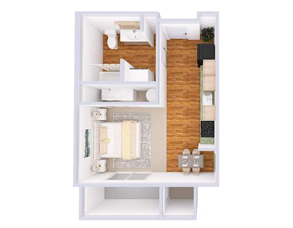 A top down view of a small apartment with a kitchen, living room, and bathroom.