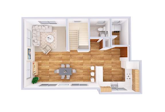 A top-down view of a modern kitchen and living room layout.