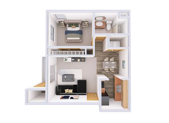 A 3D rendered image of a small apartment layout.