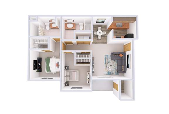 A white 3D floor plan of a small apartment with a kitchen, living room, and bathroom.