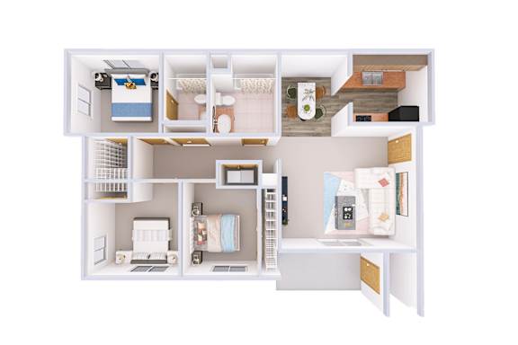 A 3D floor plan of a small apartment with a kitchen, living room, and bedrooms.