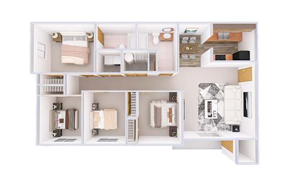 A white model of a house with various rooms and furniture.