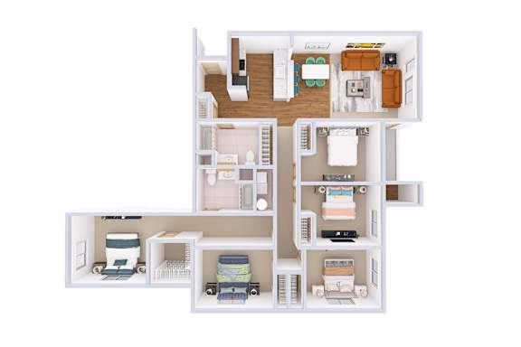 A white model of a house with furniture and appliances.