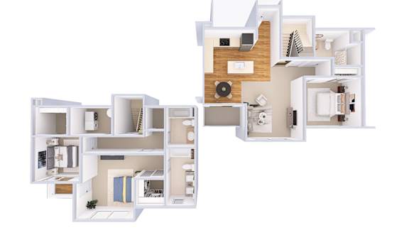 A white and wood floor plan of a house with a kitchen, living room, and bedrooms.