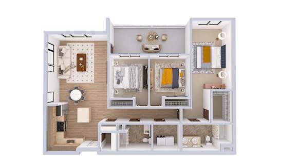 A white dollhouse with a brown couch and a white table.