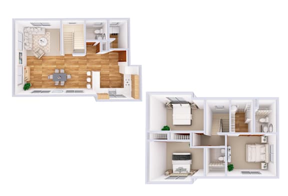 A floor plan of a two-story apartment with a living room, kitchen, and bedrooms.