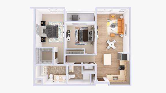 A 3D floor plan of a small apartment with a kitchen, living room, and bathroom.