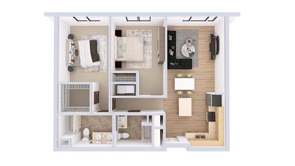 A 3D floor plan of a small apartment with a bedroom, living room, and kitchen.