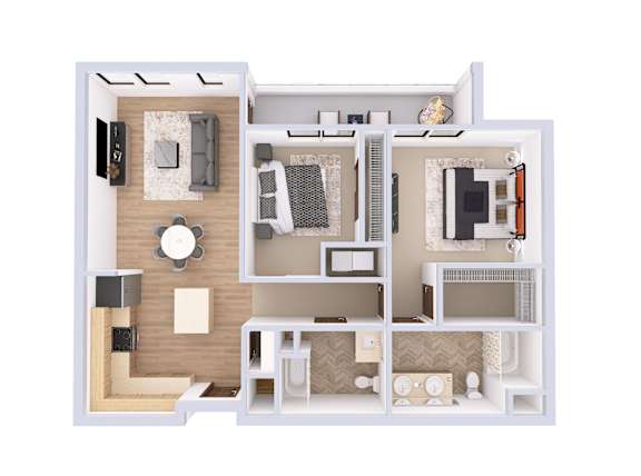 A 3D floor plan of a small apartment with a kitchen, living room, and bathroom.