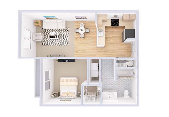 A top-down view of a small, neatly organized apartment with a kitchen, living room, and bedroom.