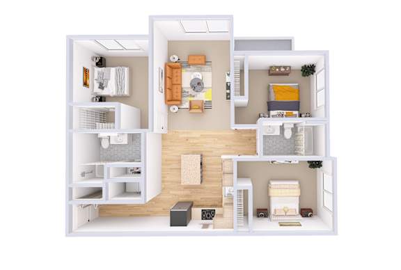 A white and wood floor plan of a small apartment.