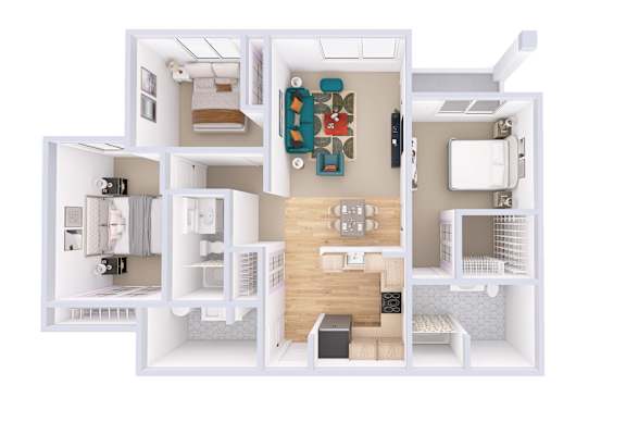 A 3D floor plan of a small apartment with a kitchen, living room, and bathroom.