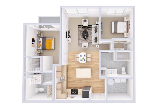 A white floor plan of a small apartment with a kitchen, living room, and bathroom.