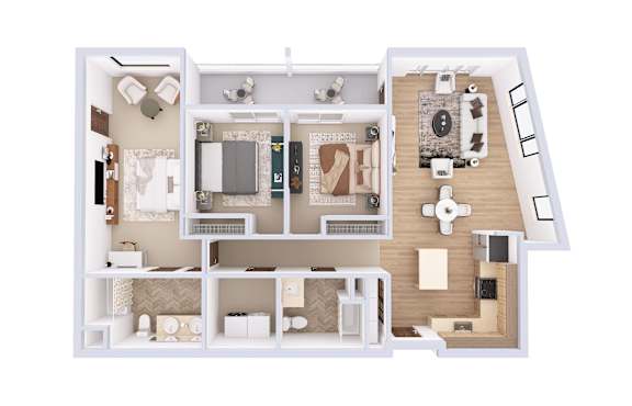 A 3D floor plan of a house with a kitchen, living room, and bathroom.