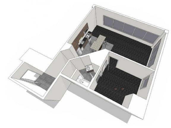 A 3D floor plan of a house with a kitchen, living room, and two bedrooms.