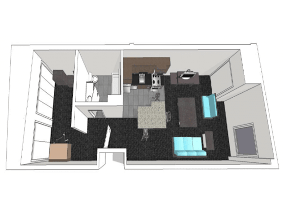 A drawing of a house with a kitchen, living room, and bathroom.