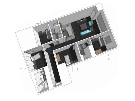 A 3D floor plan of a house with multiple rooms.