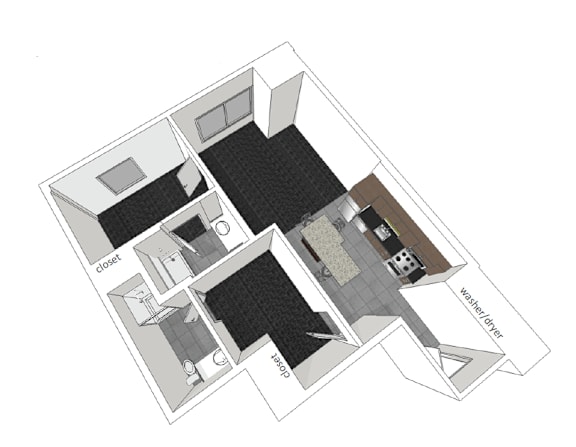 A black and white floor plan of a house with a kitchen, living room, and two bedrooms.