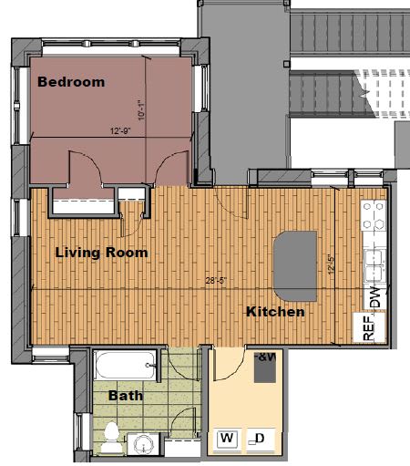 the floor plan of a small apartment with a bedroom and a living room