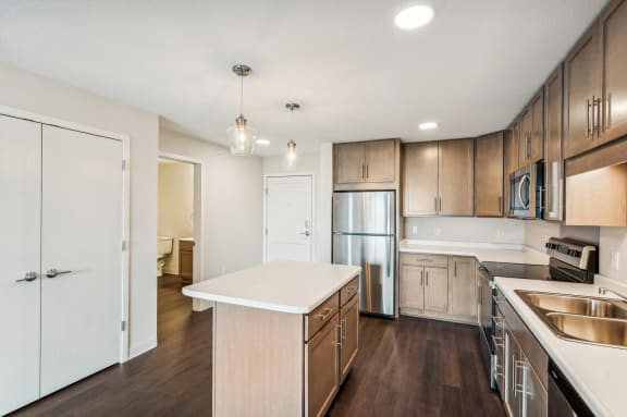 the preserve at ballantyne commons apartment kitchen with stainless steel appliances