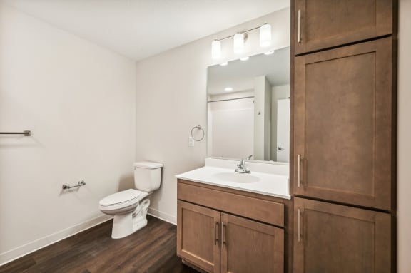 a bathroom with a sink toilet and a mirror