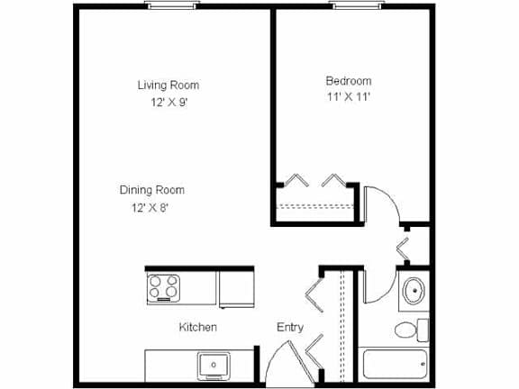 A floor plan of a small apartment with a living room, dining room, kitchen, and bedroom.