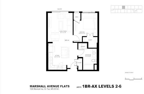 A black and white image of a floor plan for Marshall Avenue Flats.