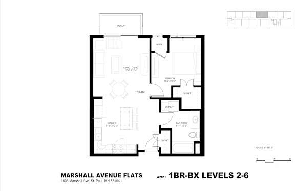 A floor plan for the Marshall Avenue Flats apartment complex.