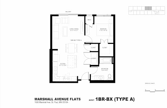 A black and white image of a floor plan for a property located at 1650 Marshall Ave, St. Paul, MN 55104.