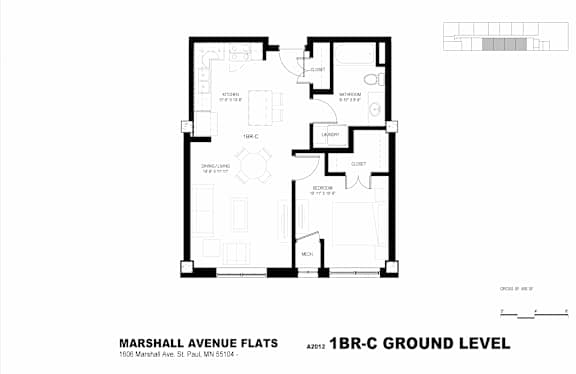 A black and white image of a floor plan for Marshall Avenue Flats.