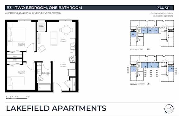 A floor plan for a 2 bedroom, one bathroom apartment at Lakefield Apartments.