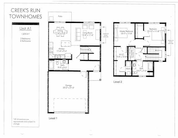 A drawing of a floor plan for a unit at Creeks Run Townhomes.