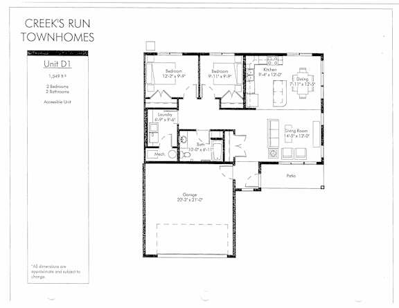 A drawing of a floor plan for a unit in Creeks Run Townhomes.