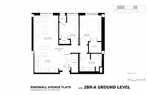 A black and white image of a floor plan for the Marshall Avenue Flats.