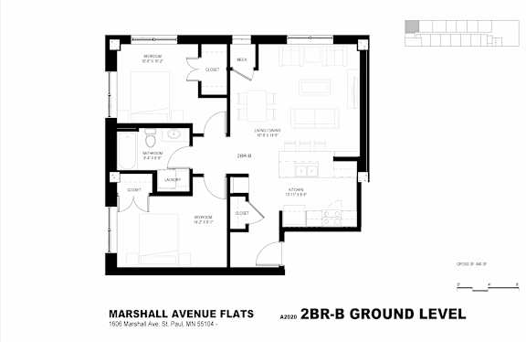 A black and white image of a floor plan for the Marshall Avenue Flats.