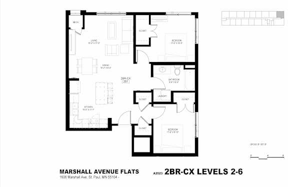 A black and white image of a floor plan for the Marshall Avenue Flats.