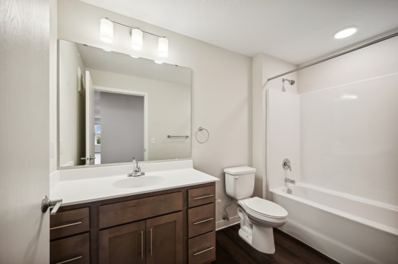 the preserve at ballantyne commons apartment bathroom with sink toilet and shower