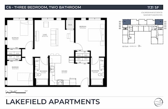 A floor plan for a three bedroom, two bathroom apartment.