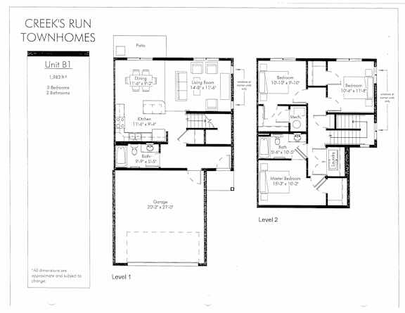 A drawing of a floor plan for a unit at Creeks Run Townhomes.