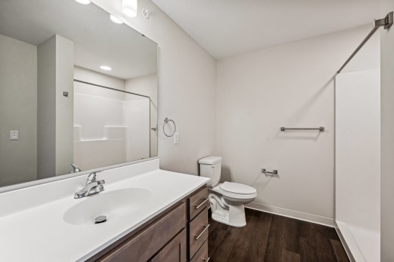 a bathroom with a large mirror and a toilet and sink