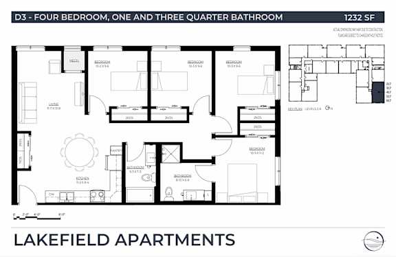 A floor plan of apartment D3 with four bedrooms and one and three quarter bathrooms.