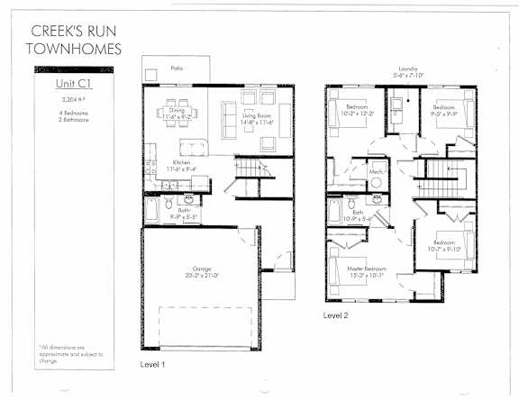 A drawing of a floor plan for a unit at Creek's Run Townhomes.