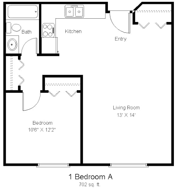 A floor plan of a one bedroom apartment.