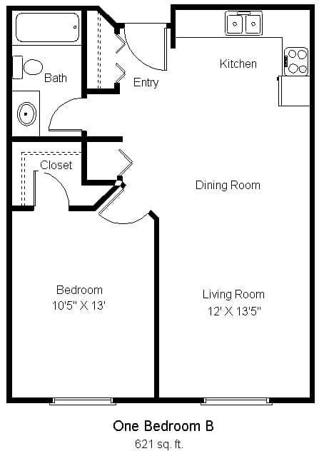 A floor plan of a one bedroom apartment.