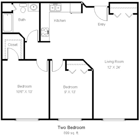 A floor plan of a two bedroom apartment with a living room, kitchen, bathroom and closet.