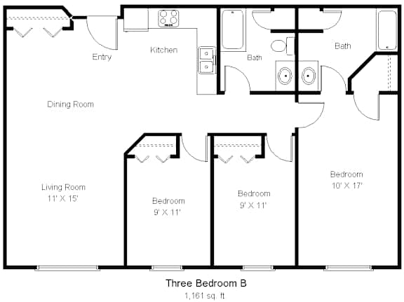 A black and white image of a floor plan for a three bedroom apartment.