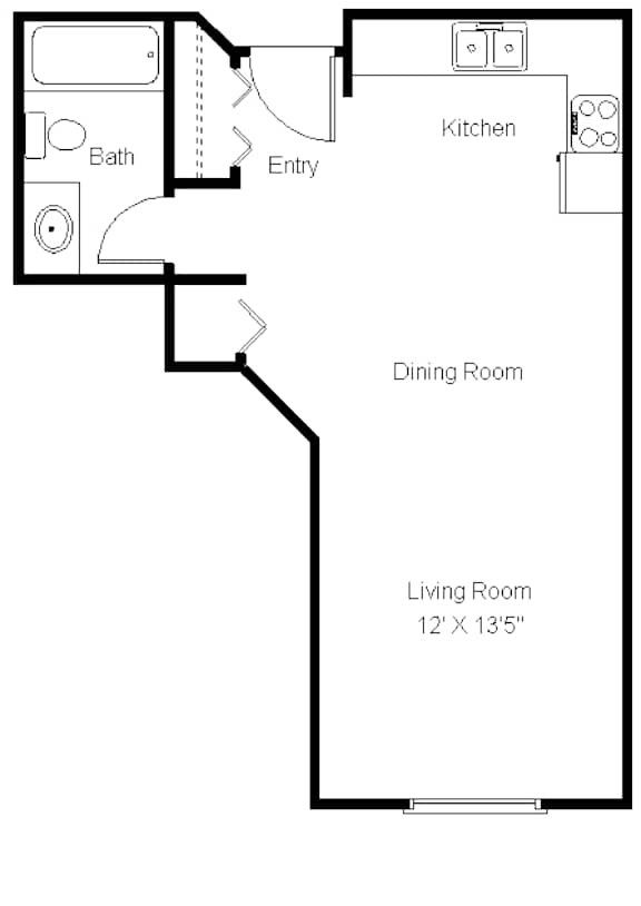 A floor plan of a living space with a living room, dining room, kitchen, and bathroom.