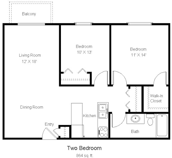 A floor plan of a two bedroom apartment.