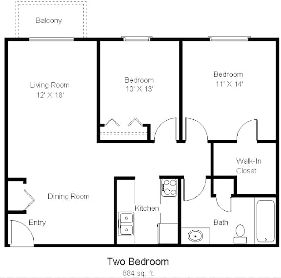 A black and white image of a two bedroom apartment floor plan.