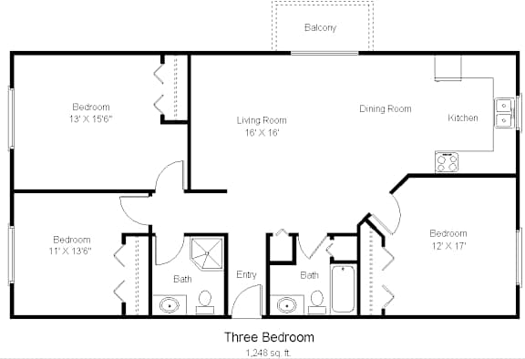 A floor plan of a three bedroom apartment.